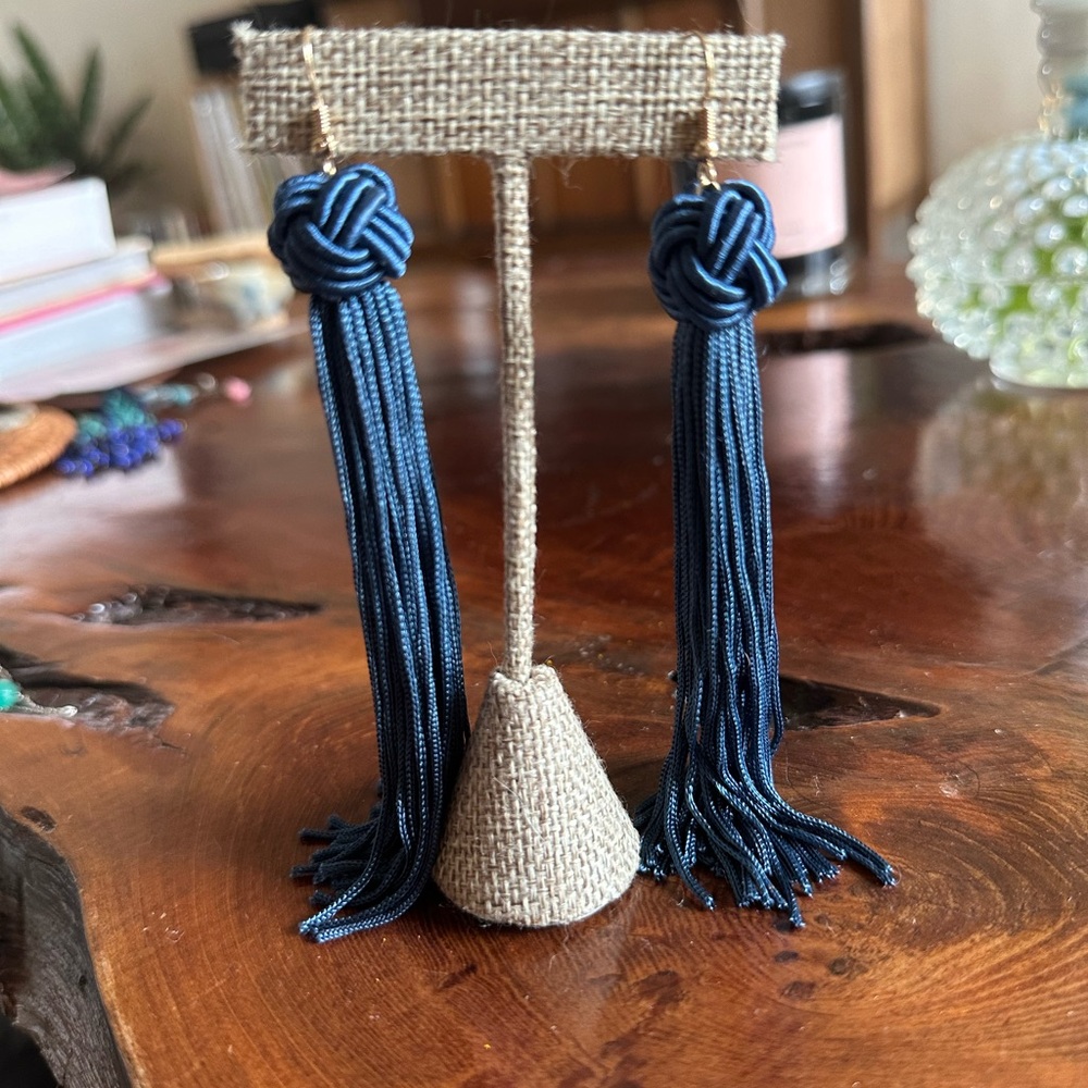 Blue knot tassle drop earrings